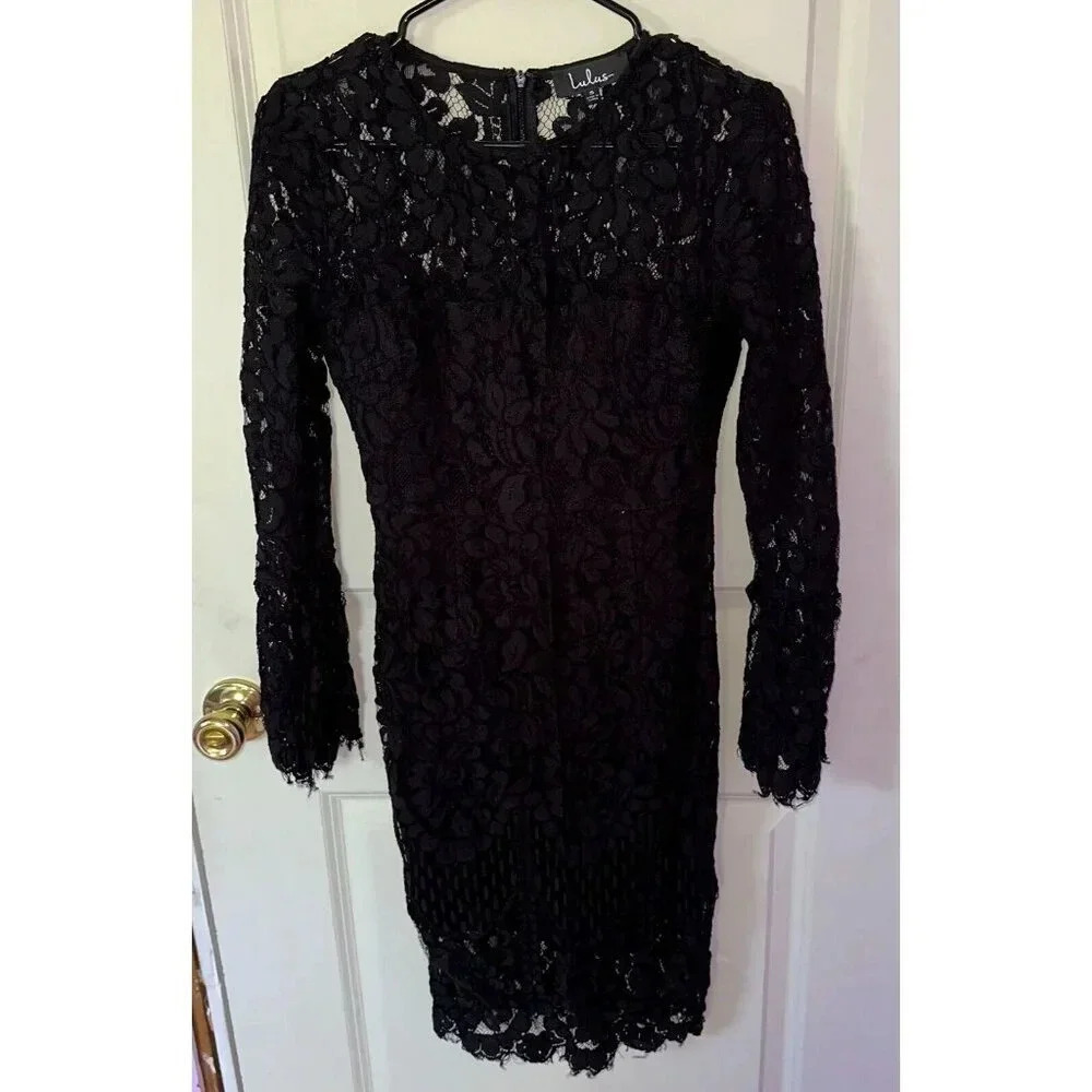 Lulu's Black Lace Mini Dress Bell Sleeves Lined LBD Sz S